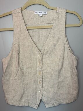 And Now This Cream Linen-Blend Button Front Hipster Cropped Vest